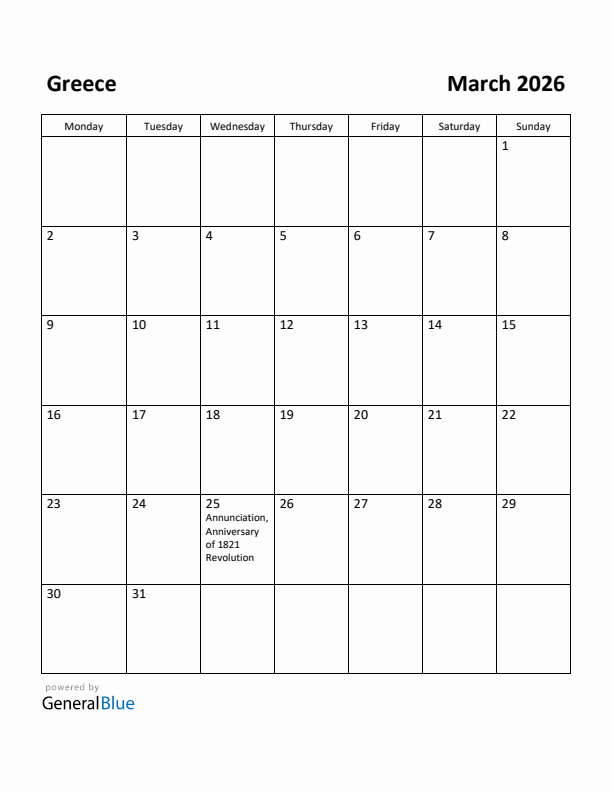 March 2026 Calendar with Greece Holidays