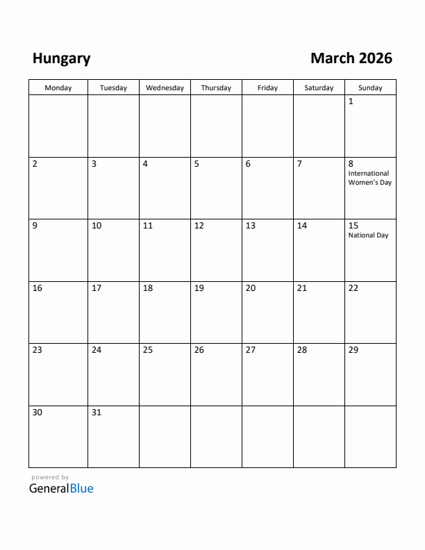 March 2026 Calendar with Hungary Holidays