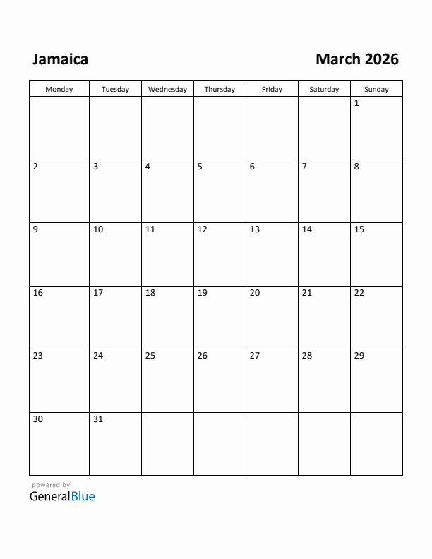 March 2026 Calendar with Jamaica Holidays