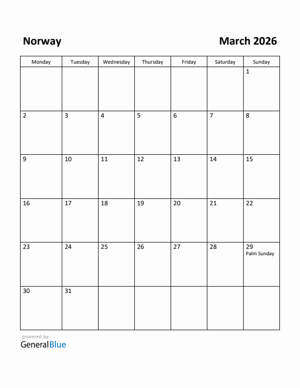 March 2026 Calendar with Norway Holidays