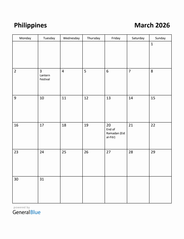 March 2026 Calendar with Philippines Holidays