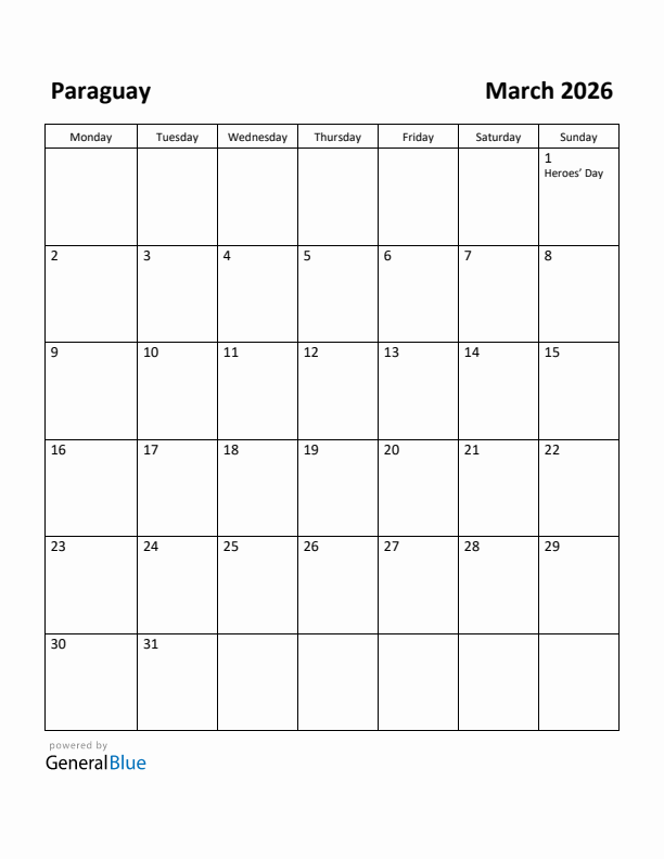 March 2026 Calendar with Paraguay Holidays