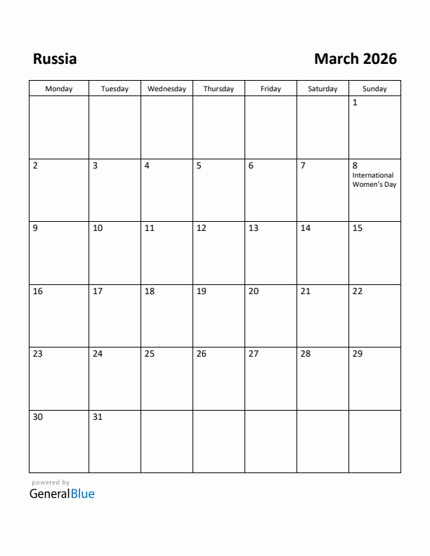 March 2026 Calendar with Russia Holidays