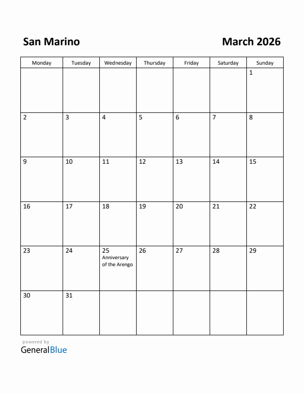 March 2026 Calendar with San Marino Holidays