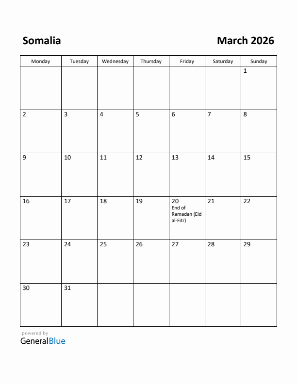 March 2026 Calendar with Somalia Holidays