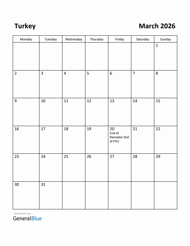 March 2026 Calendar with Turkey Holidays