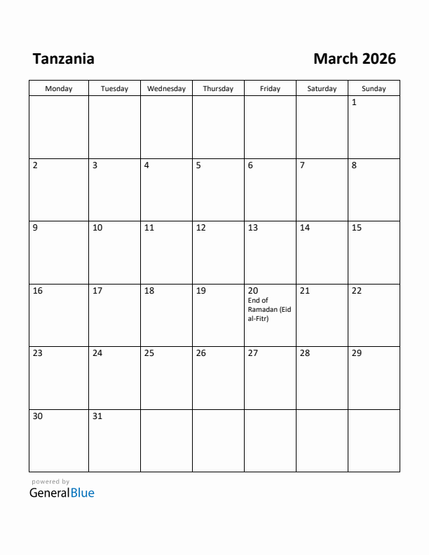 March 2026 Calendar with Tanzania Holidays