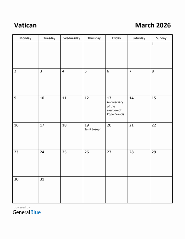 March 2026 Calendar with Vatican Holidays