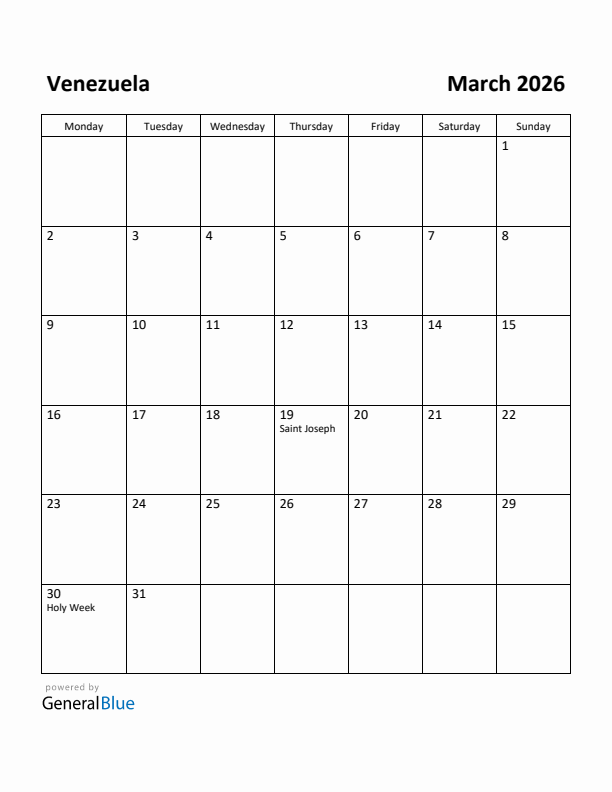 March 2026 Calendar with Venezuela Holidays