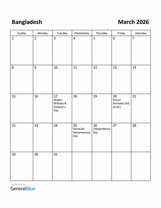 March 2026 Calendar with Bangladesh Holidays