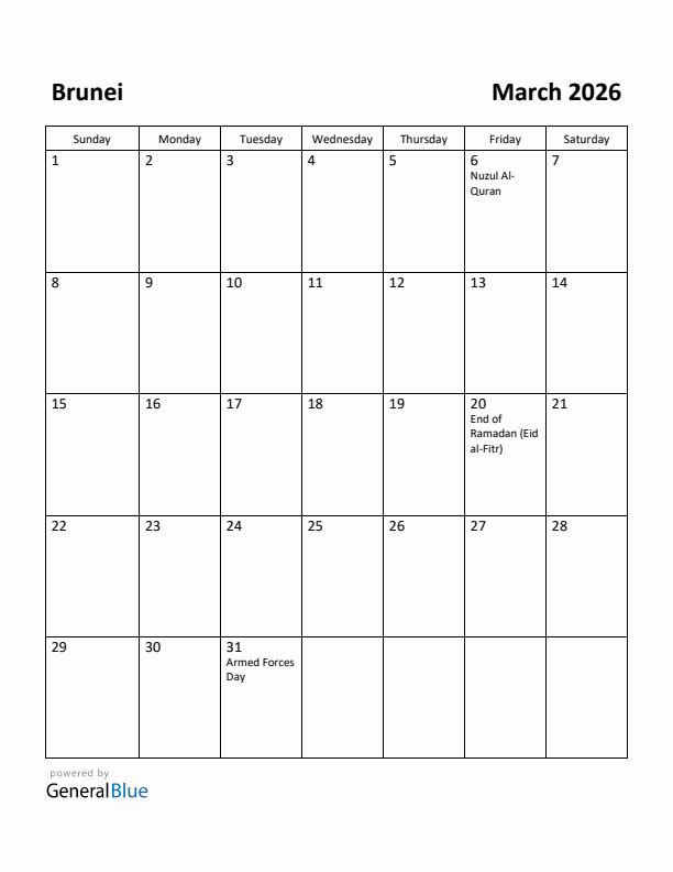 March 2026 Calendar with Brunei Holidays