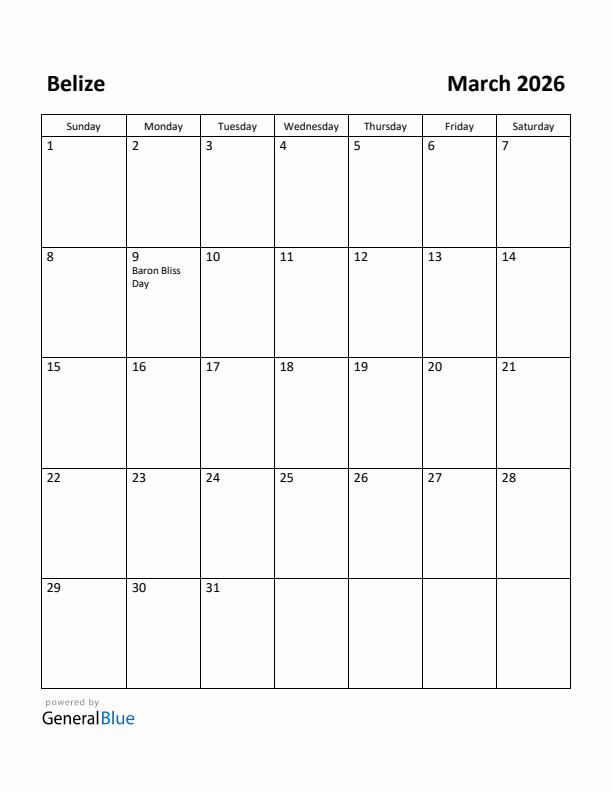 March 2026 Calendar with Belize Holidays