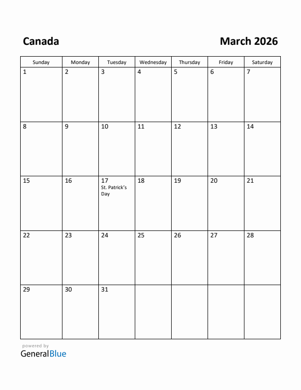 March 2026 Calendar with Canada Holidays