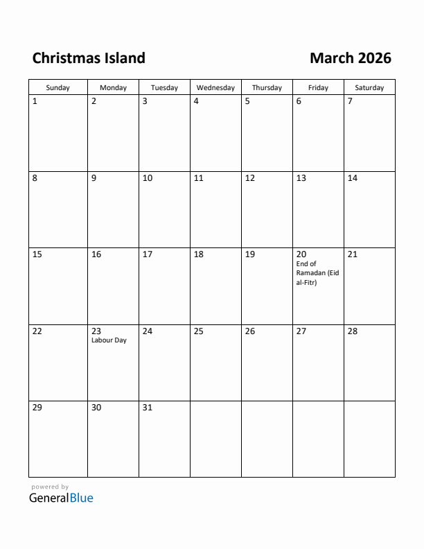 March 2026 Calendar with Christmas Island Holidays