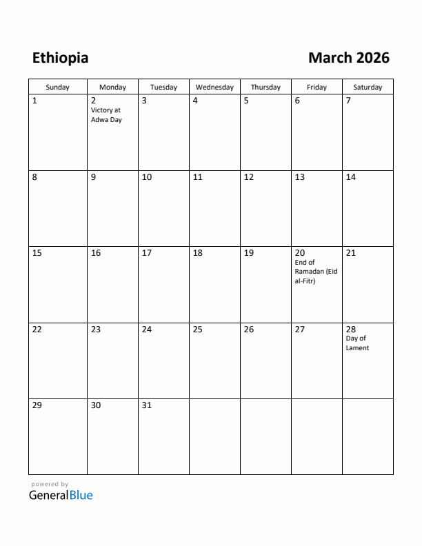 March 2026 Calendar with Ethiopia Holidays