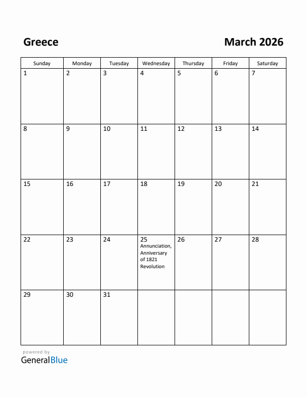 March 2026 Calendar with Greece Holidays