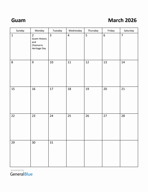 March 2026 Calendar with Guam Holidays