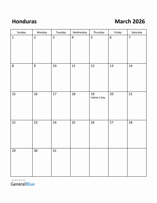 March 2026 Calendar with Honduras Holidays