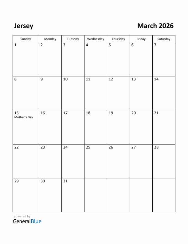 March 2026 Calendar with Jersey Holidays