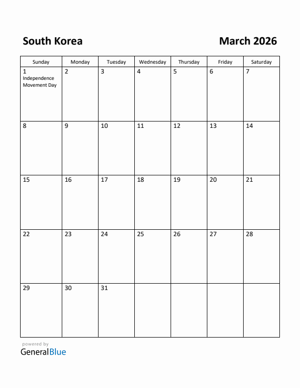 March 2026 Calendar with South Korea Holidays