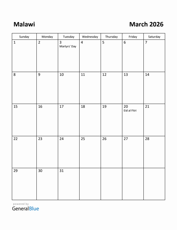 March 2026 Calendar with Malawi Holidays