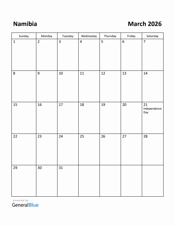 March 2026 Calendar with Namibia Holidays