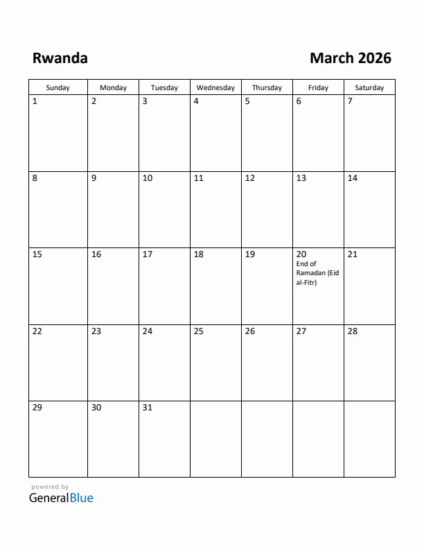 March 2026 Calendar with Rwanda Holidays