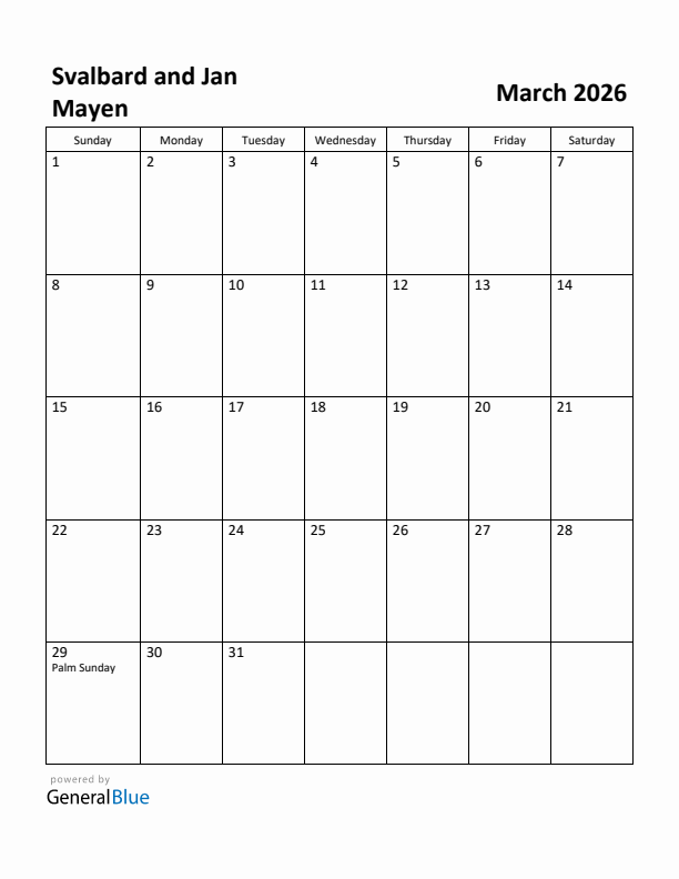 March 2026 Calendar with Svalbard and Jan Mayen Holidays