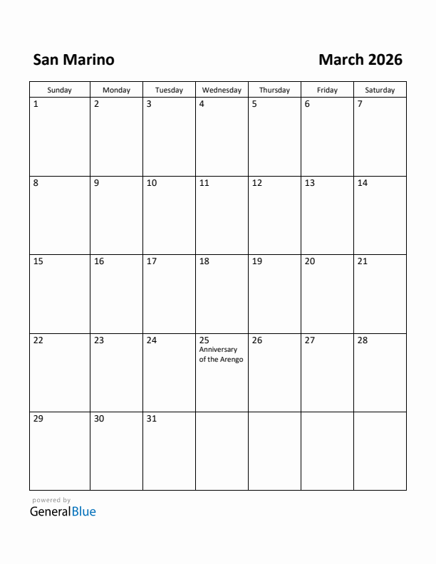 March 2026 Calendar with San Marino Holidays