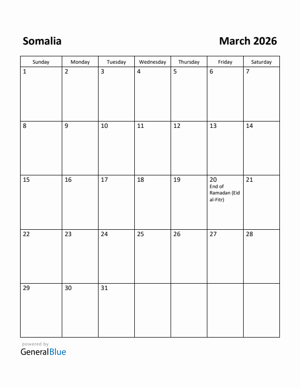 March 2026 Calendar with Somalia Holidays