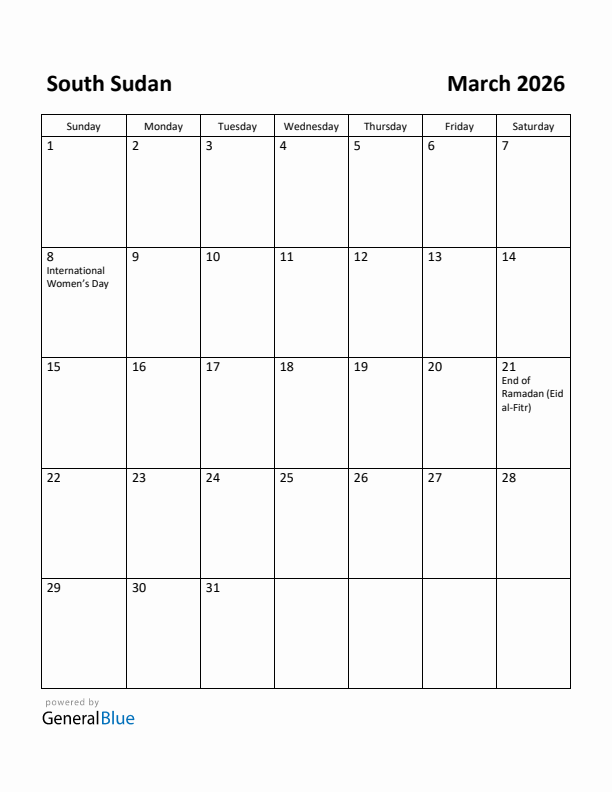 March 2026 Calendar with South Sudan Holidays