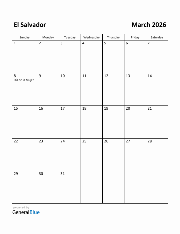 March 2026 Calendar with El Salvador Holidays