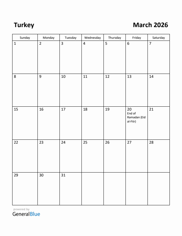 March 2026 Calendar with Turkey Holidays