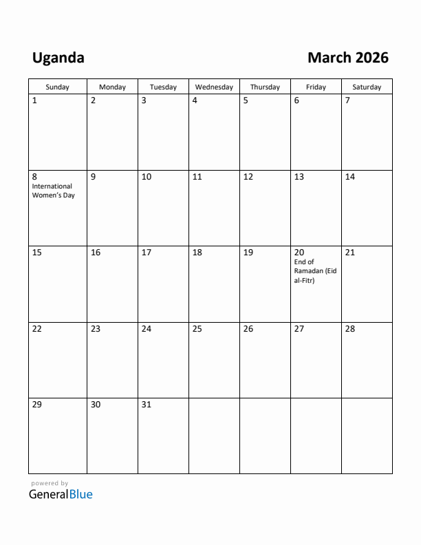 March 2026 Calendar with Uganda Holidays