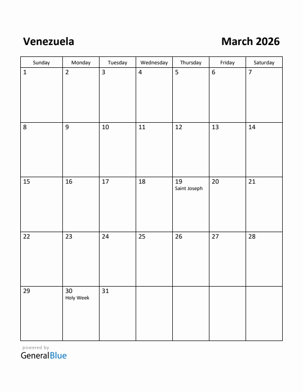 March 2026 Calendar with Venezuela Holidays