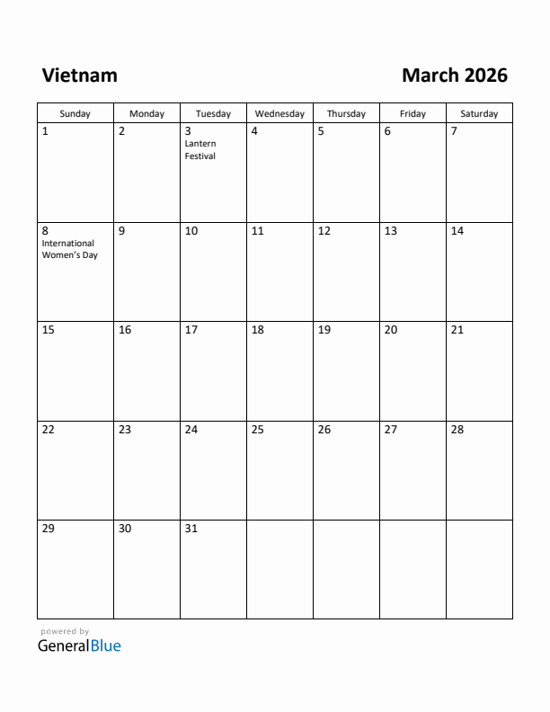 March 2026 Calendar with Vietnam Holidays