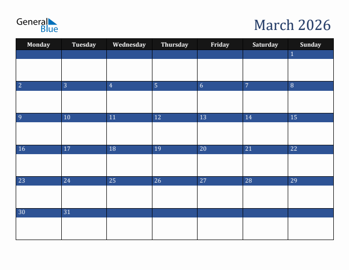 Monday Start Calendar for March 2026