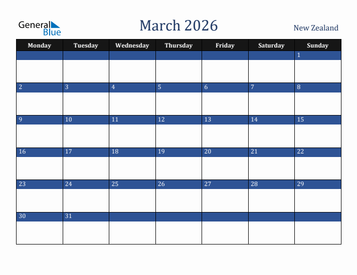 March 2026 New Zealand Calendar (Monday Start)