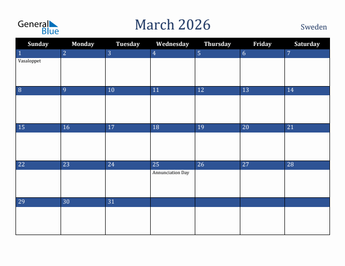 March 2026 Sweden Calendar (Sunday Start)