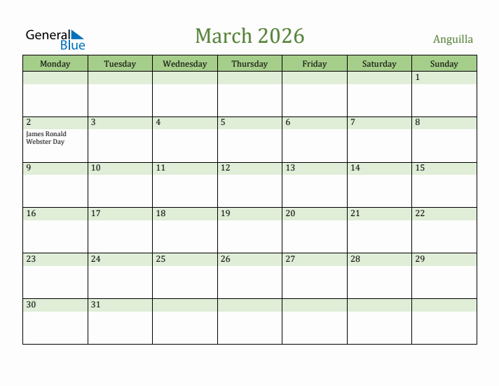 March 2026 Calendar with Anguilla Holidays