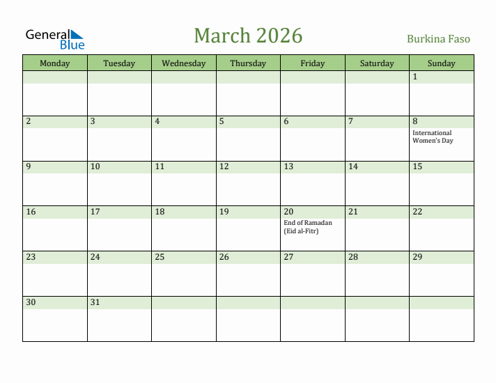 March 2026 Calendar with Burkina Faso Holidays