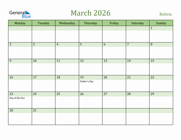 March 2026 Calendar with Bolivia Holidays