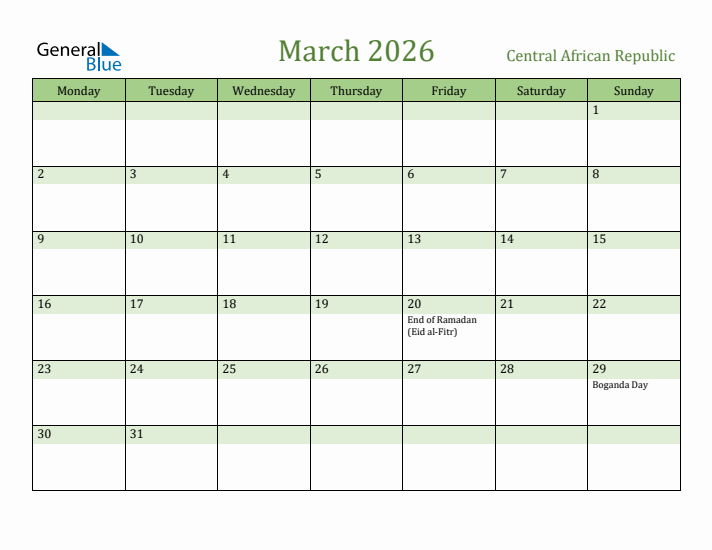 March 2026 Calendar with Central African Republic Holidays