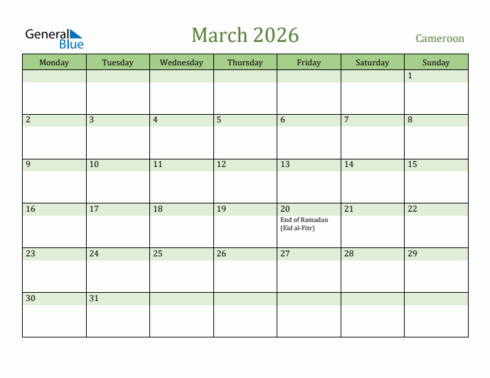 March 2026 Calendar with Cameroon Holidays