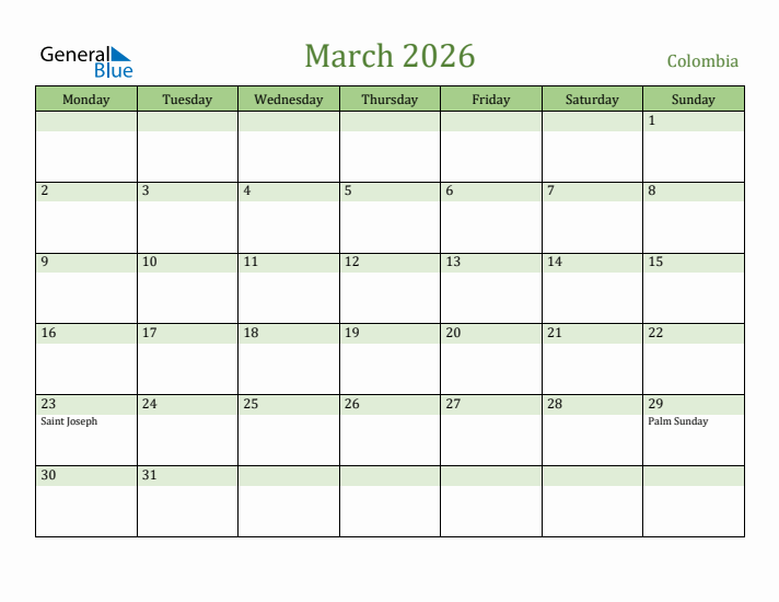 March 2026 Calendar with Colombia Holidays