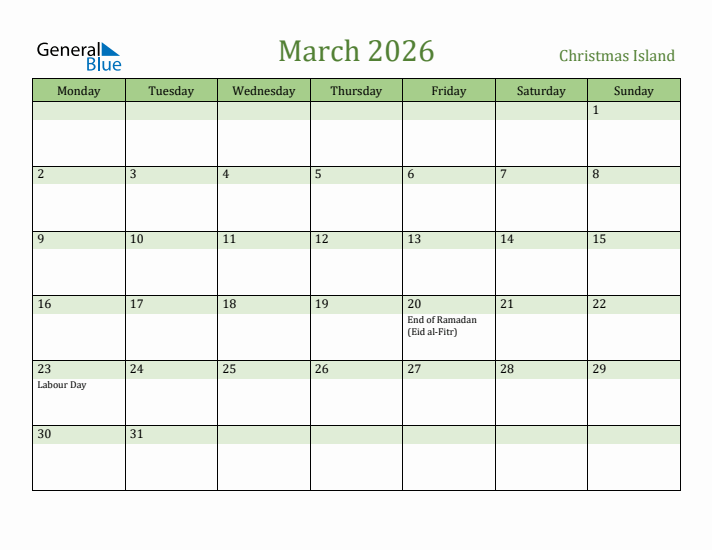 March 2026 Calendar with Christmas Island Holidays