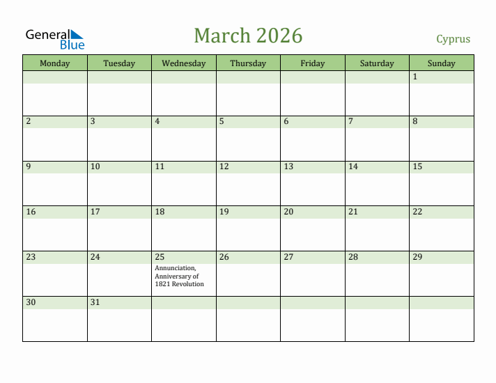 March 2026 Calendar with Cyprus Holidays