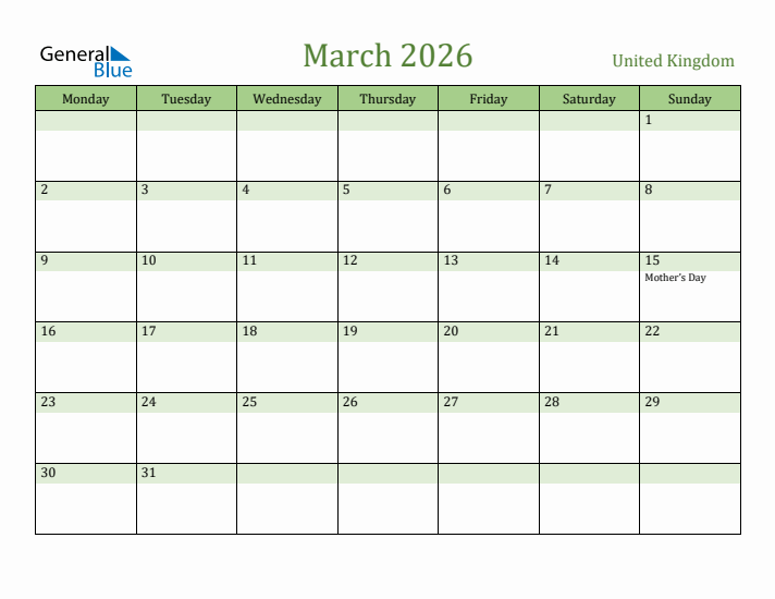 March 2026 Calendar with United Kingdom Holidays