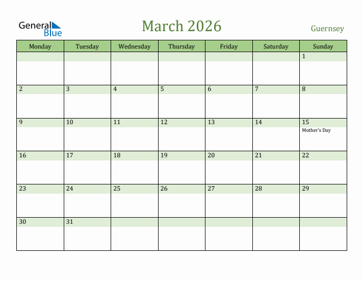 March 2026 Calendar with Guernsey Holidays