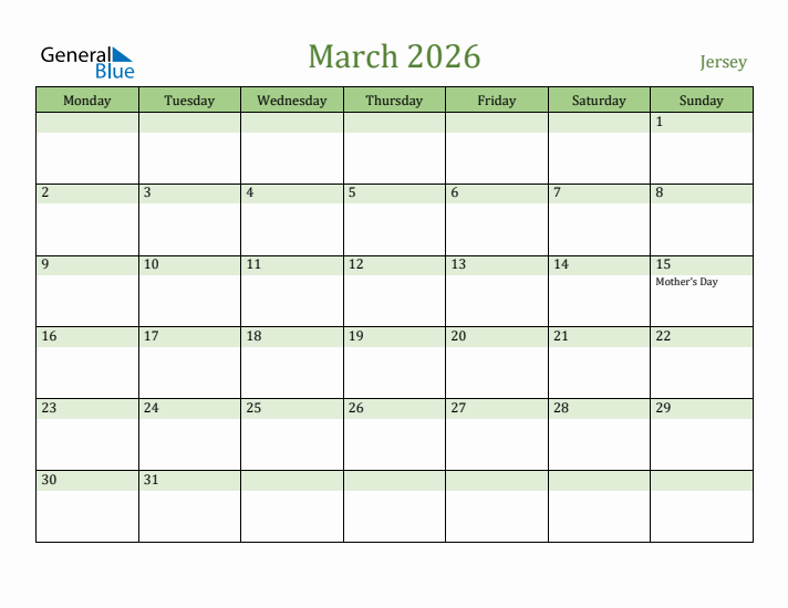 March 2026 Calendar with Jersey Holidays